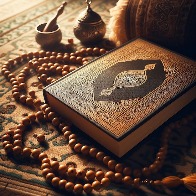 Un cadre serein de perles de prière Tasbih et un Coran fermé