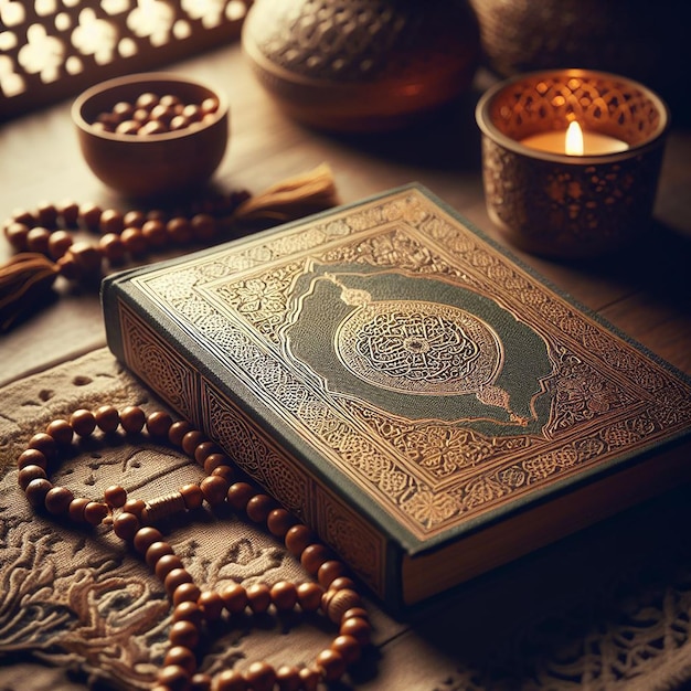 Un cadre serein de perles de prière Tasbih et un Coran fermé