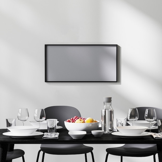 Cadre simulé dans un intérieur de salle à manger moderne avec table et chaises noires et mur blanc avec rayons de soleil, sol en béton, style minimaliste, scandinave, rendu 3d