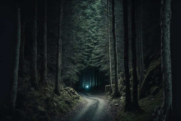 Cadre sombre d'un chemin boisé en bois