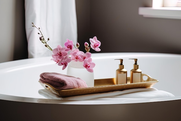 Cadre de spa avec un bac à serviettes de bain blanc, des produits de soins de la peau et des fleurs roses