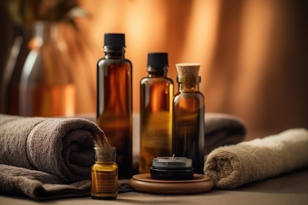 Cadre de spa avec bouteilles d'huiles essentielles et serviettes vue rapprochée AI générative