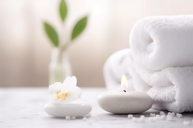 Un cadre de spa paisible avec une bougie blanche et une fleur favorisant la relaxation et le bien-être grâce à une thérapie saine