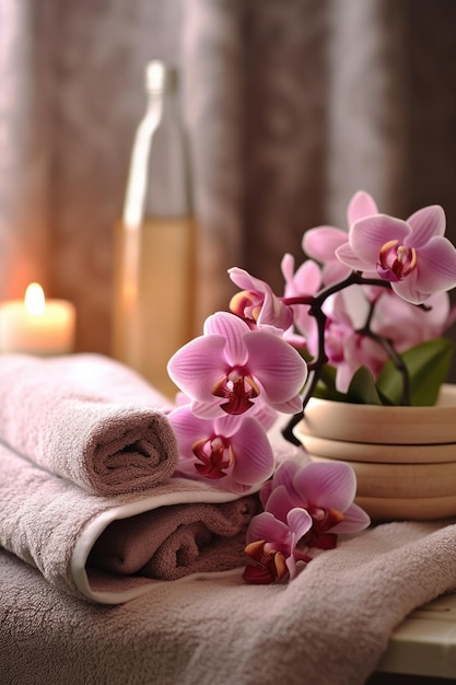 Un cadre de spa relaxant avec des orchidées et des serviettes douces créées avec de l'AI générative