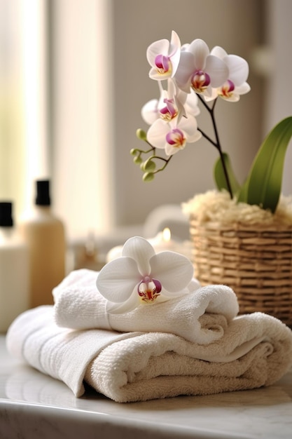 Cadre de spa relaxant avec des orchidées et des serviettes douces créées avec une IA générative