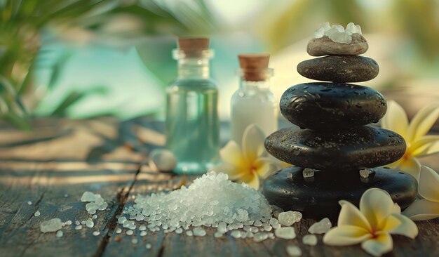 Photo un cadre de spa serein avec des pierres, des fleurs de frangipani et du sel de mer