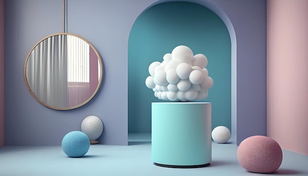 Cadre de studio moderne avec podium cylindrique et boules de perles ornant le sol