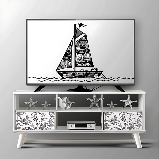 Cadre de support de télévision de style côtier avec dessin de voilier et tatouage de contour de coupe CNC de Starfish Sym