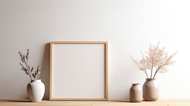 Un cadre sur une table en bois avec un vase de fleurs