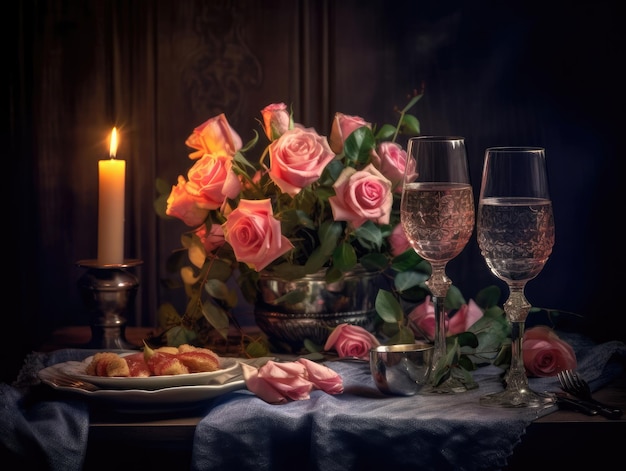 Cadre de table floral rose pour une table de dîner romantique avec des bougies en nappe et de l'argenterie Generative AI