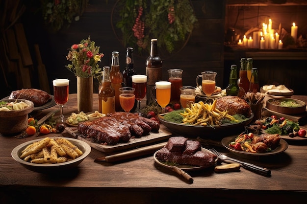 Cadre de table rustique avec bières artisanales et festin de barbecue créé avec une IA générative