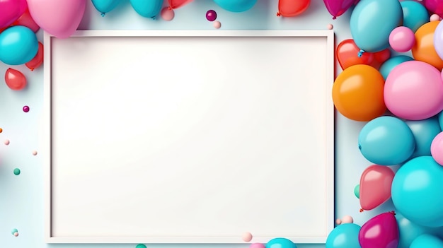 cadre de texte de célébration ballons colorés entourant un fond de toile blanche