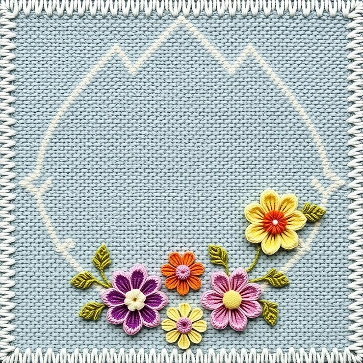 Photo un cadre tissé de laine bleue et blanche avec des fleurs en arrière-plan
