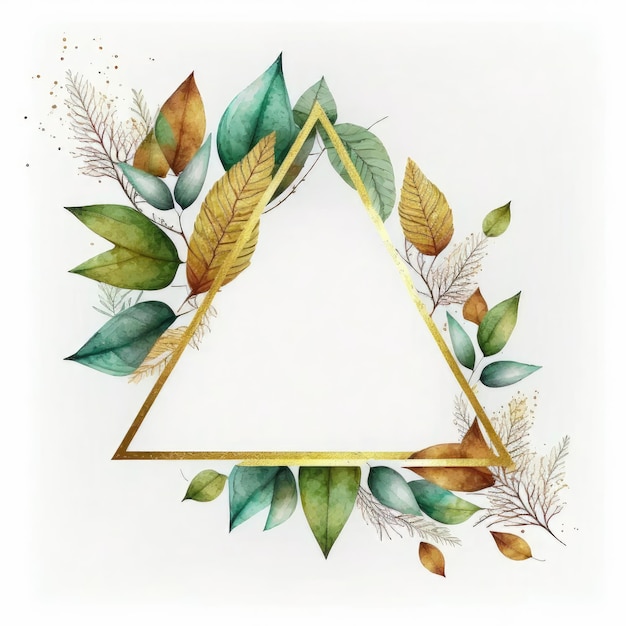 Cadre triangle de feuilles vertes et dorées avec aquarelle