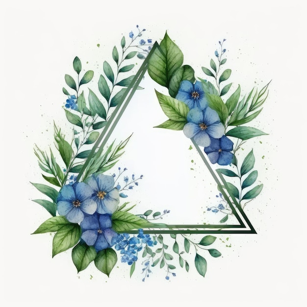 Cadre triangle de fleur bleue et feuilles vertes avec aquarelle