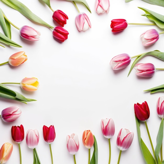Un cadre de tulipes colorées sur fond blanc