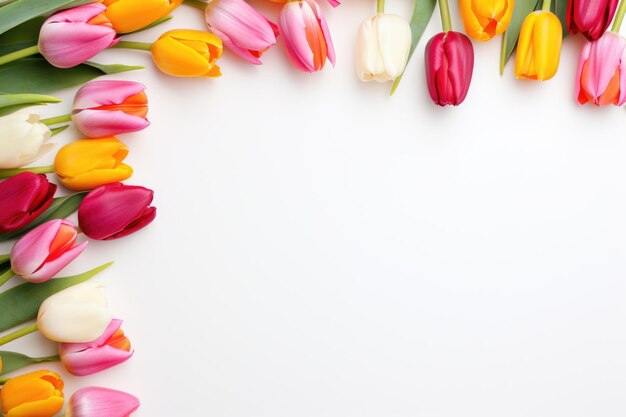 Un cadre de tulipes multicolores sur un fond blanc