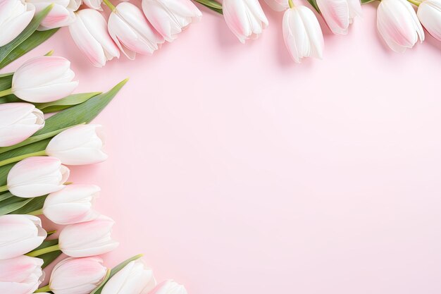Cadre de tulipes roses délicates fleurs de printemps sur un fond rose romantique avec de l'espace pour le texte
