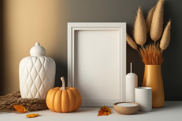 Cadre de vase de blé citrouilles et bougies dans une maison confortable Minimalisme scandinave Affiches d'Halloween ou de Thanksgiving