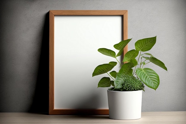 Cadre vertical en bois avec carte vierge blanche et plante verte dans un pot en béton sur une table en bois sur fond de mur gris maquette de loft minimal pour votre conception espace libre pour le texte image générée par AI