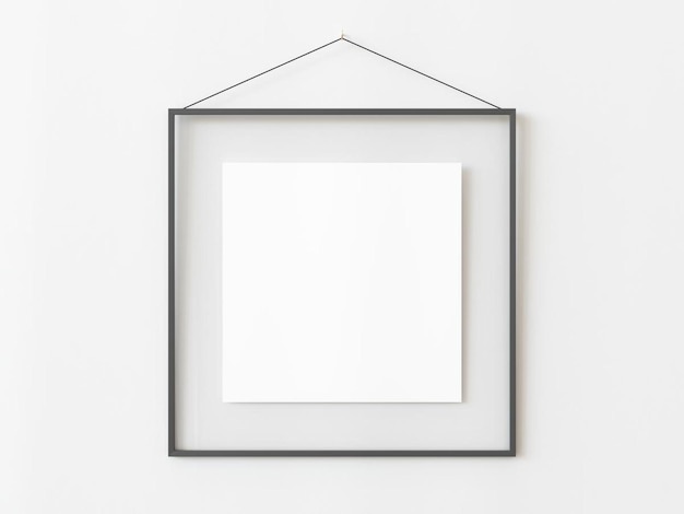 Un cadre vertical rectangulaire gris suspendu à une maquette de mur texturé blanc Vue de dessus à plat 3D