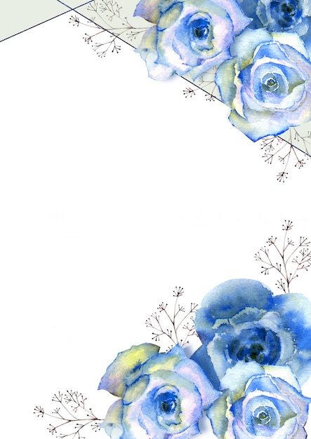 Cadre vertical avec roses bleues aquarelles