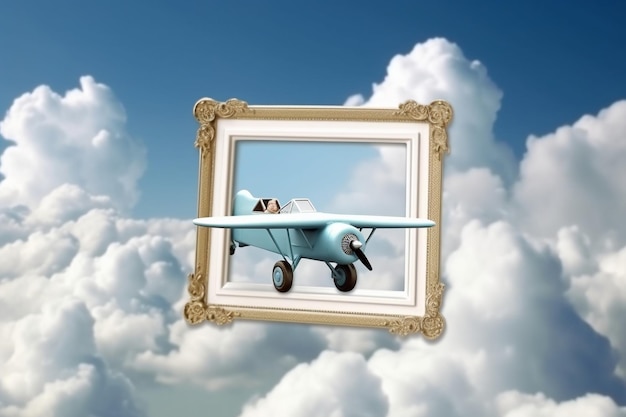 Cadre vide avec avion sur fond nuageux avec espace de copie