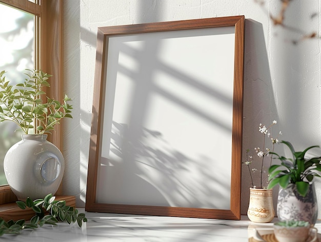 Cadre vide sur le mobilier d'intérieur de bureau en bois d'acajou minimaliste
