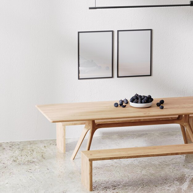 Des cadres d'affiches se moquent dans un intérieur minimaliste de chambre moderne avec du blanc tout en lumière du soleil et de l'ombre, une table en bois avec des bancs, une salle à manger, un rendu 3d