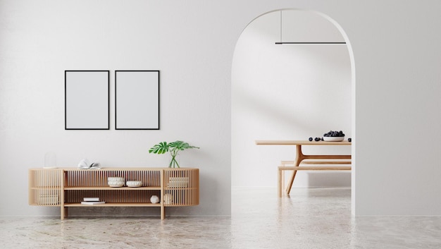 Cadres d'affiches simulés dans un intérieur de chambre moderne de couleur blanche avec arche, meubles en bois, rendu 3d