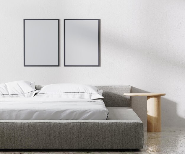 Cadres d'affiches simulés à l'intérieur de la chambre, style minimaliste, mur blanc, rendu 3d