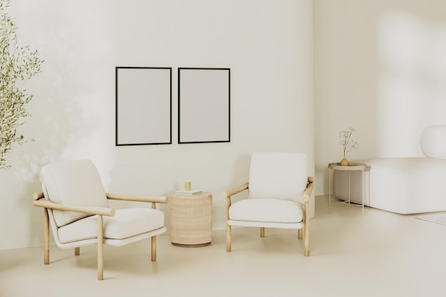 Cadres d'affiches vides mock-up dans l'intérieur du salon moderne dans des tons beige clair avec 2 fauteuils et table rendu 3d
