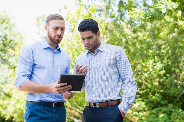 Cadres discutant sur tablette numérique