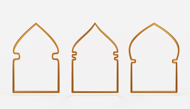 Cadres en or arabe de différentes formes Icône de rendu 3D ensemble de fenêtres arabes arches pour l'architecture musulmane et islamique éléments graphiques décoratifs dorés isolés sur fond blanc illustration 3D