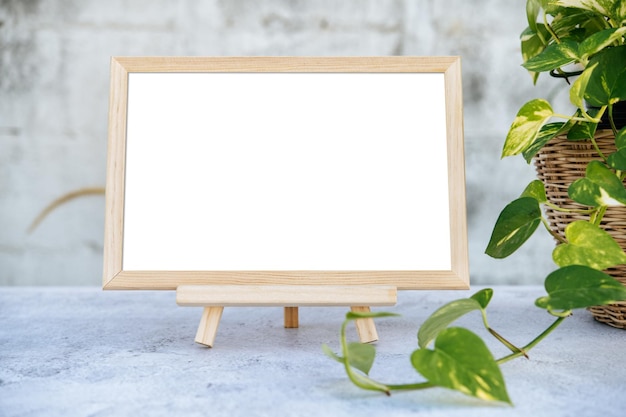 Des cadres de photos placés sur une table en ciment et de petits arbres sur les côtés