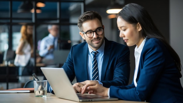 Des cadres sérieux connectant des partenaires via un ordinateur portable