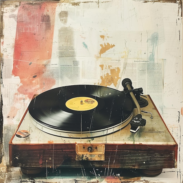 Cadrez un gramophone vintage au milieu d'une collection de disques vinyles classiques d'humeur vintage