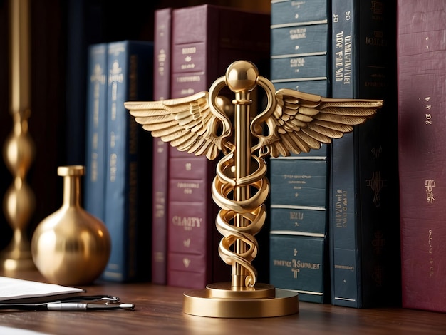 Un caduceux exquis et hautement stylisé, symbole de la médecine, placé contre un bureau luxueux avec des médicaments.