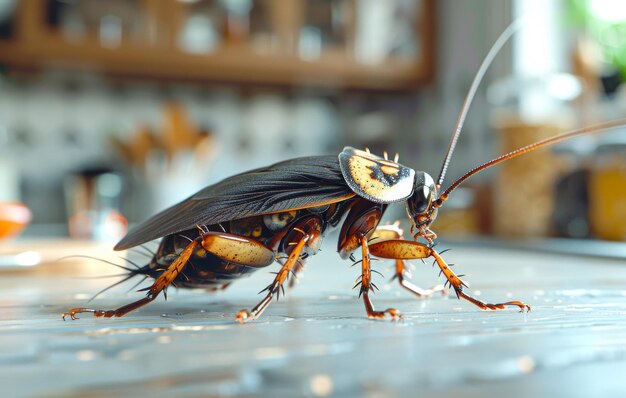 Les cafards marchent sur la table dans la cuisine.