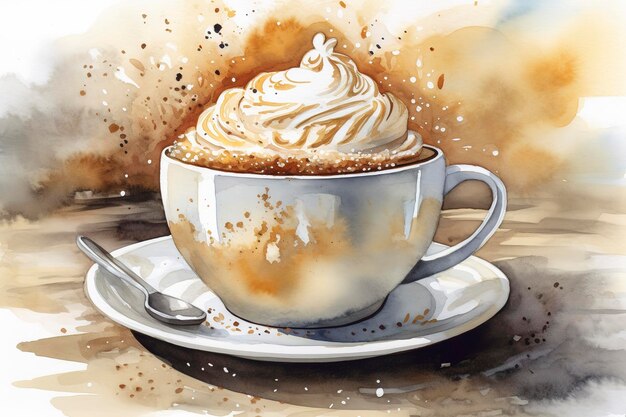 Café à l'aquarelle dessiné à la main avec tasse de cappuccino de gâteau au chocolat avec soucoupe isolé sur fond blanc illustration de nourriture délicieuse générer ai