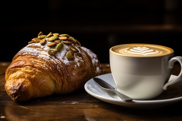 Un café artisanal associé à un shot d'espresso et à un croissant au chocolat