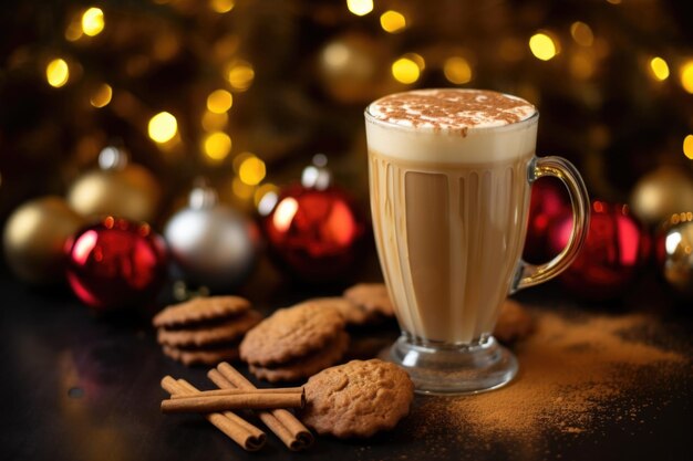 Un café au lait au pain d'épice entouré de lumières scintillantes et de boules de vacances.