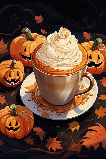 Café au lait aux épices d'Halloween à la citrouille avec garnitures boisson chaude de la saison d'automne