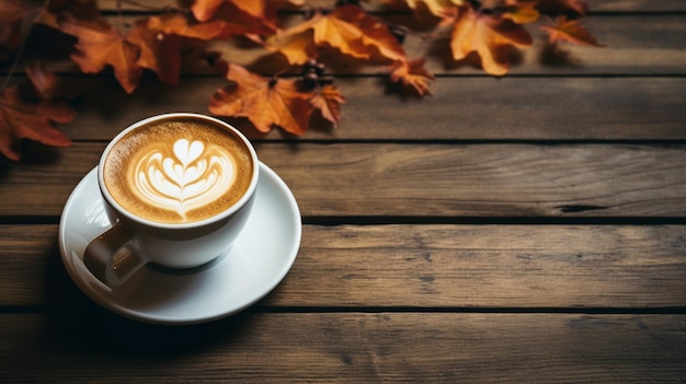 un café au lait chaud sur une table en bois ambiance d'automne