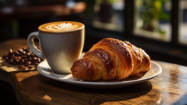 café au lait avec croissant sur une table en bois