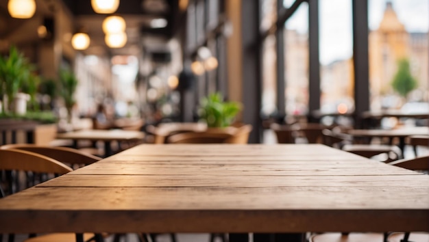 Photo café en bois vide avec un fond flou de la rue de la ville