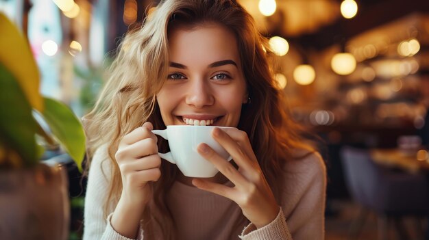 Un café de bonheur Une jeune beauté souriante s'indulte d'une bière fraîche dans un charmant café