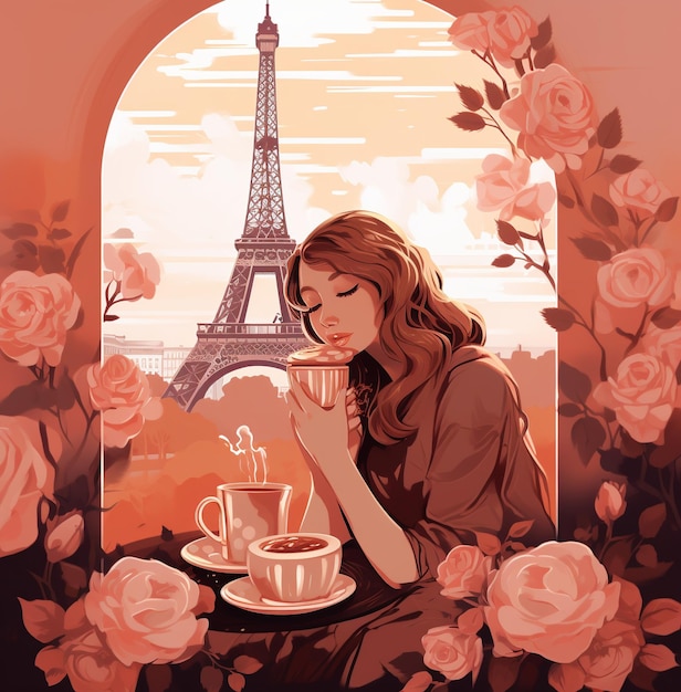 Photo café buvant avec des fleurs et des tours eiffel dans le style rose clair et marron clair