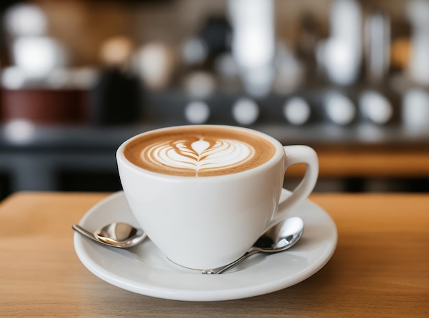 Un café avec un café au lait sur le comptoir avec une délicieuse tasse à café