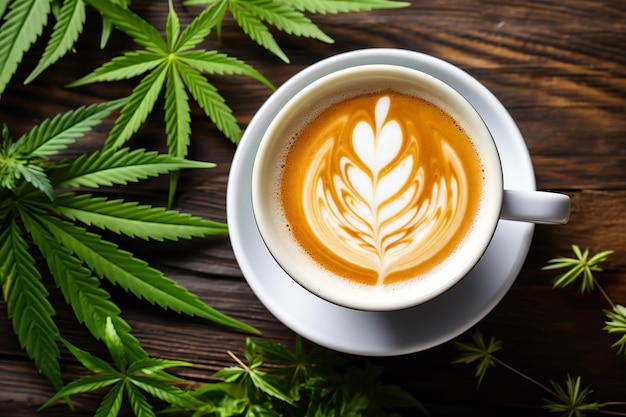 Café cappuccino au cannabis avec mousse de lait de chanvre feuille de marijuana sur fond de bois rustique